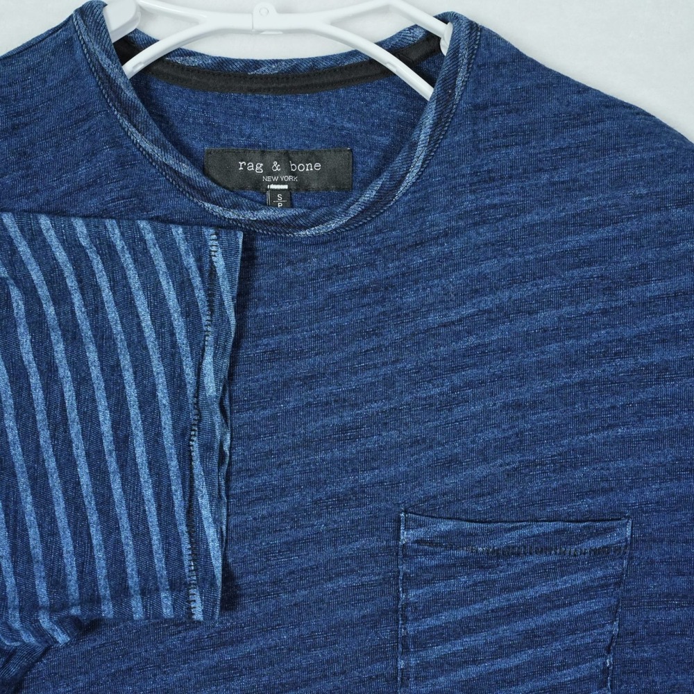 Rag & Bone Mens Indigo Blue Slub Cotton Striped Pocket T-Shirt Size Small